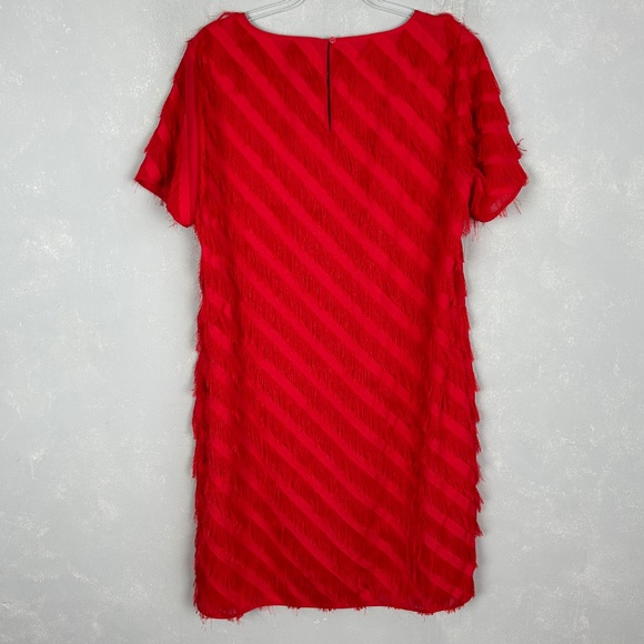 Long Tall Sally size 12 fringe dress red short sleeve chiffon lined side zip - Picture 5 of 13